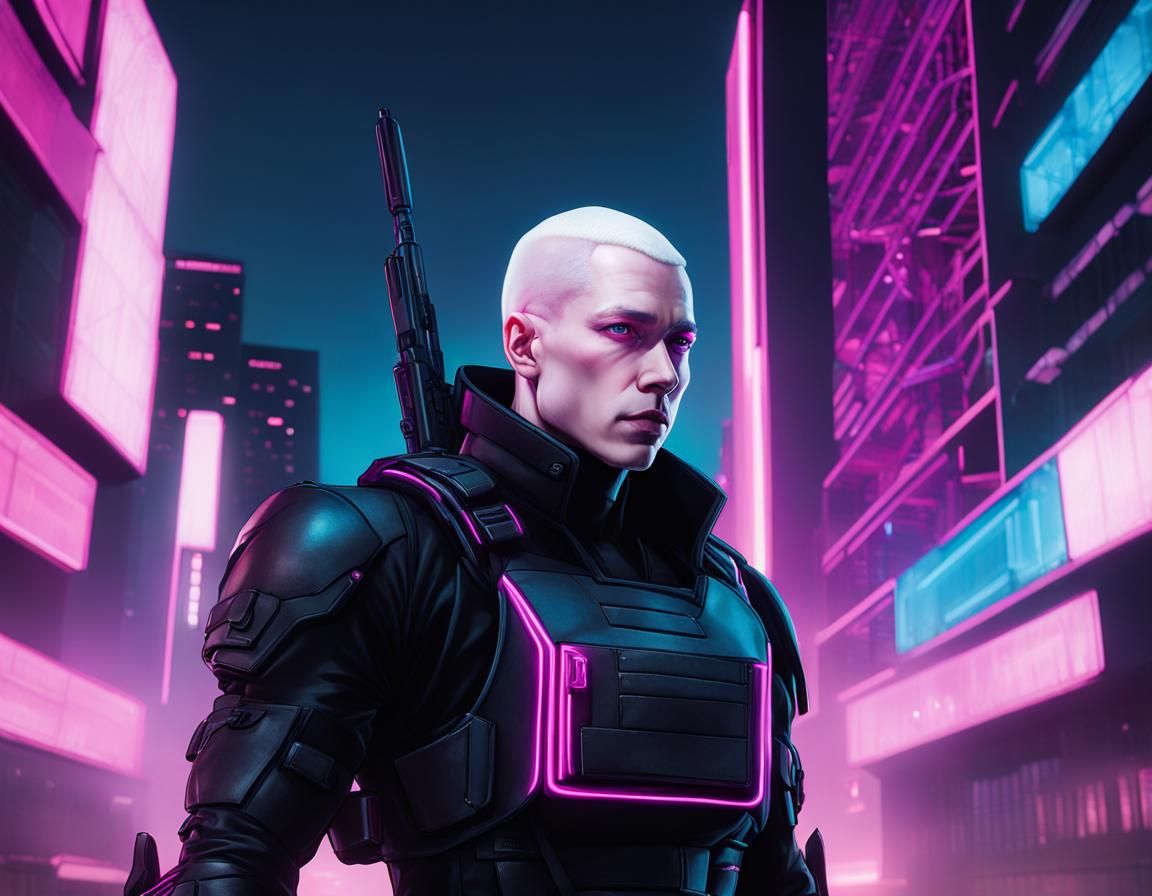 Cyberpunk Albino Soldier in Utopian Cityscape