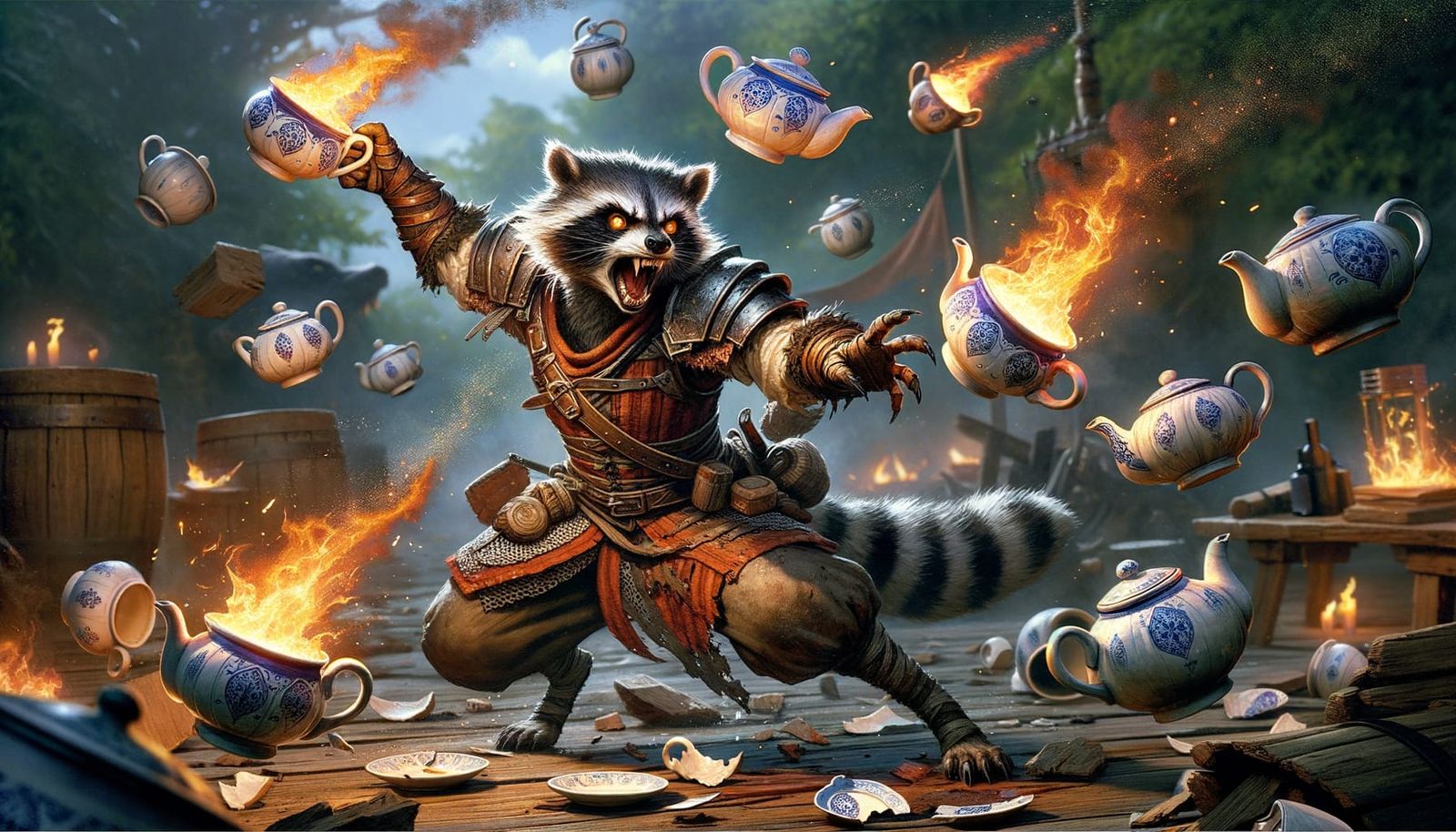 Fierce Raccoon Warrior Hurls Teapots in Battle