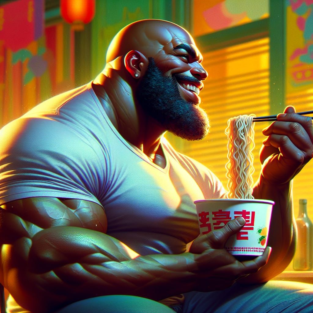 Muscular Man Enjoys Noodles in Realistic Style