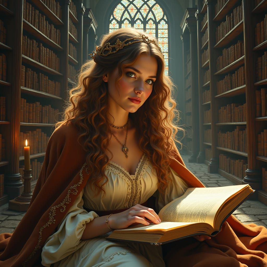 Enchanted Medieval Woman Reading in Mystical Library