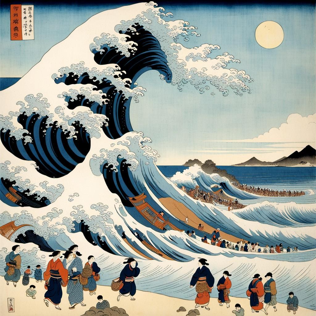 Giant Wave Approaching Beach in Ukiyo-e Style