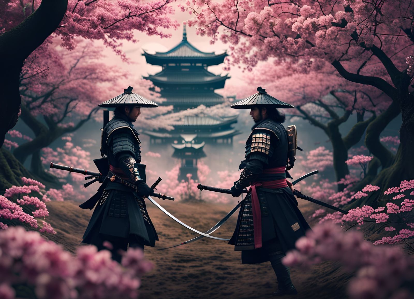 Samurai Duel in Sakura Grove: Digital Matte Painting