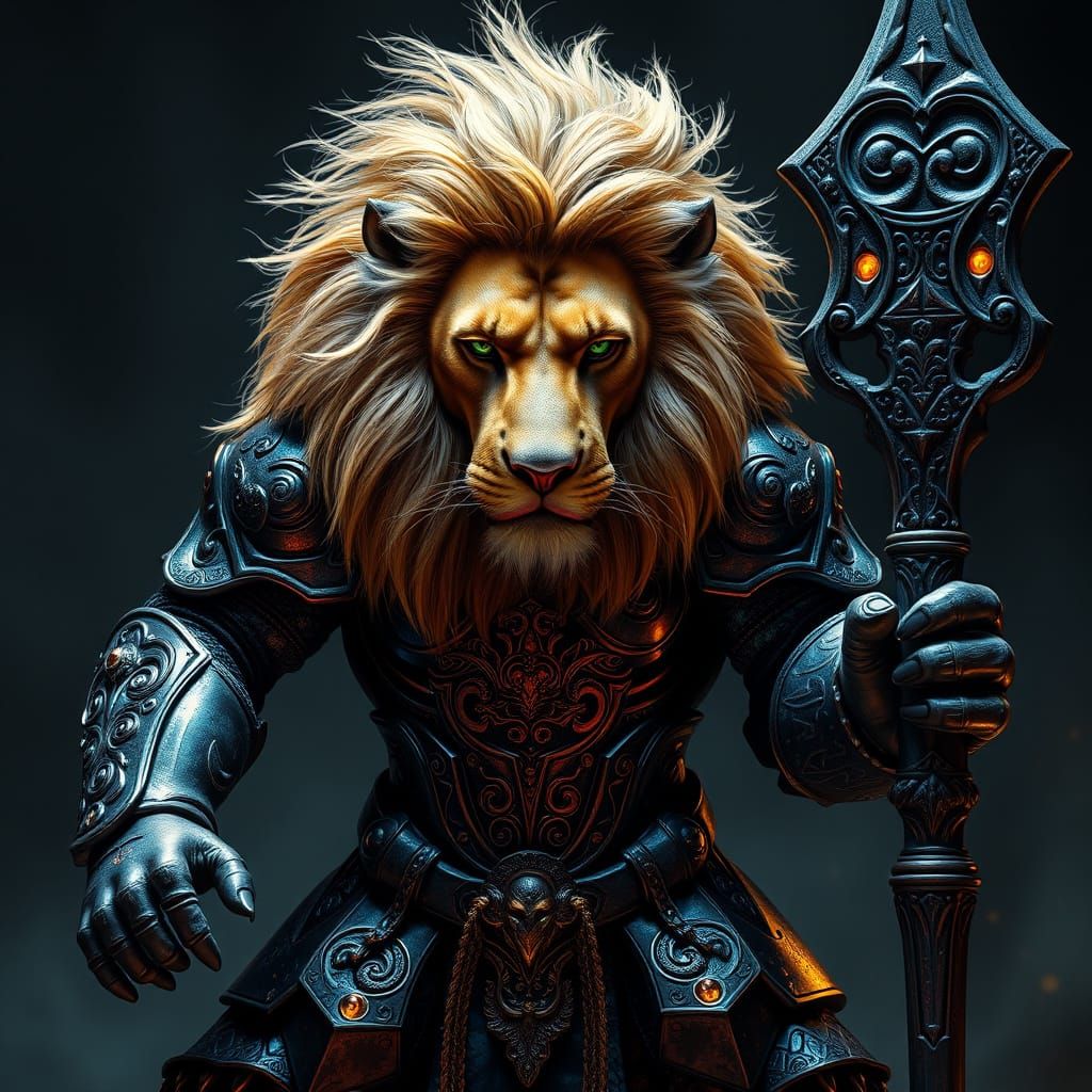 Realistic Lion in Iridescent Armor Stands Ready with Golden ...