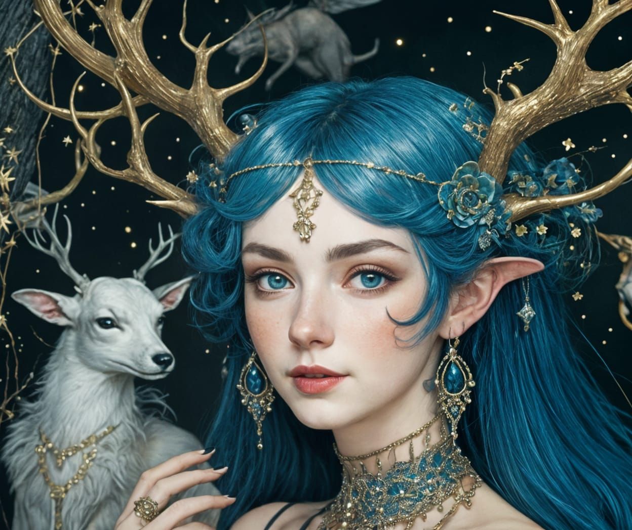 Fantasy Dreamscape: Woman with Antlers in Klimt Style