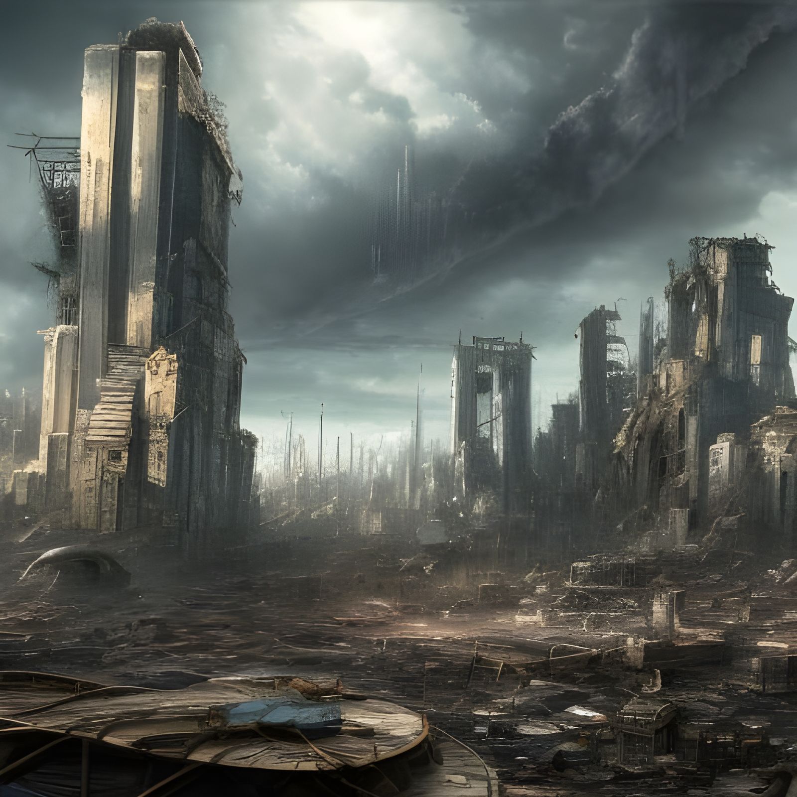 A hyper-detailed painting of a post-apocalyptic city skyline featuring crumbling skyscrapers, ash covered streets