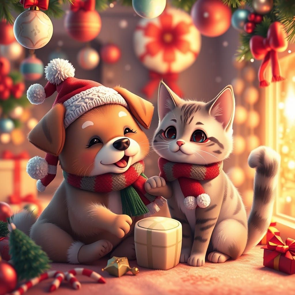 Festive Friends Celebrating Christmas in Whimsical Anime Sty...