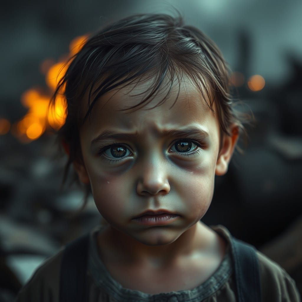 Grief Stricken Child in Ruins of War
