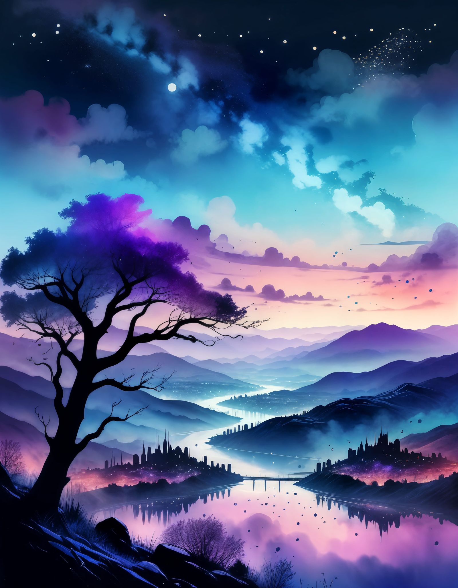 Panoramic City View Under Foggy Starry Sky