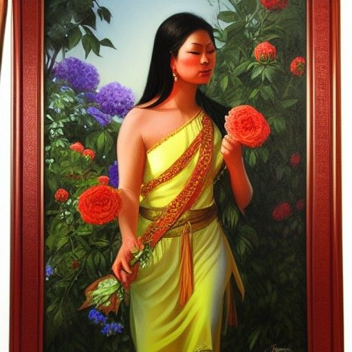 Thai Woman with Roses in Oil Painting