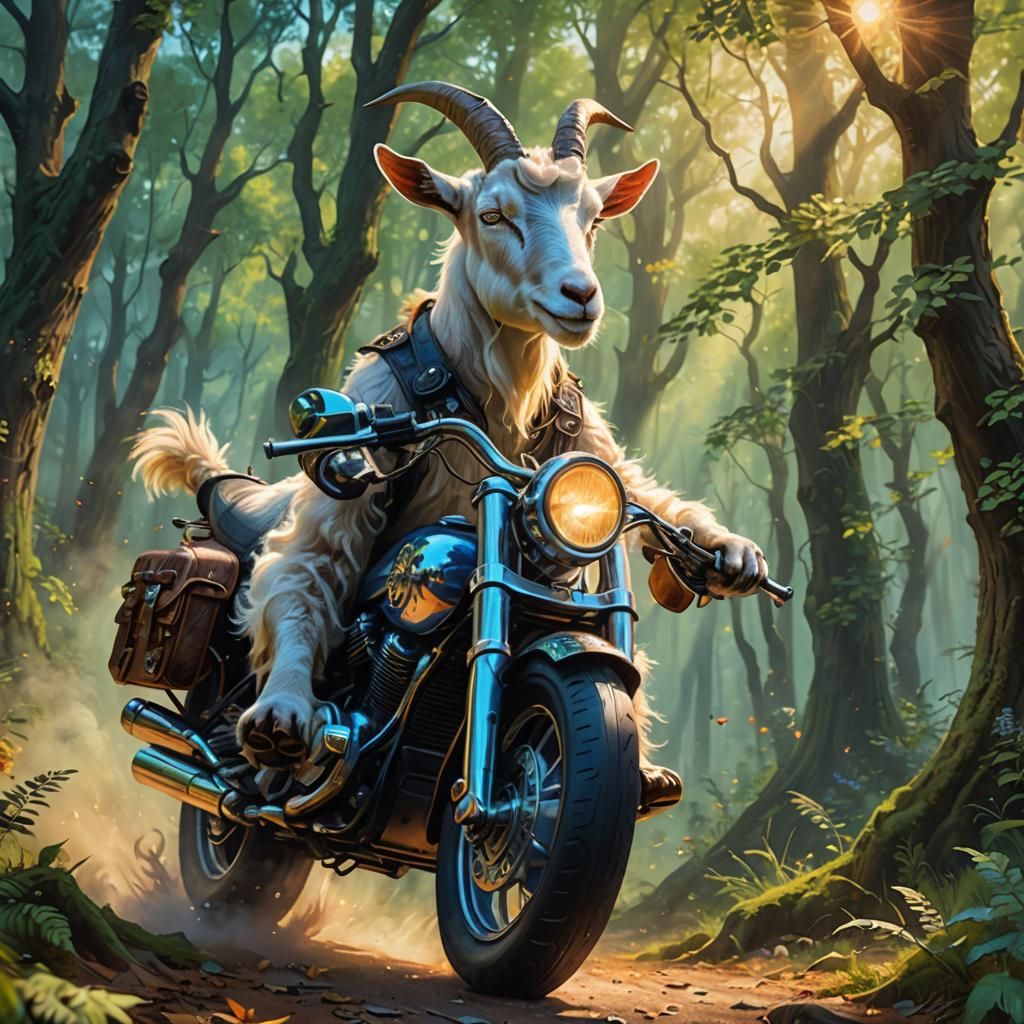 Goat Rides Harley in Magical Forest Oil Painting