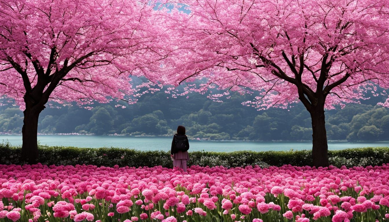 Girl Gazing at Pink Flowers in Dreamy Scene