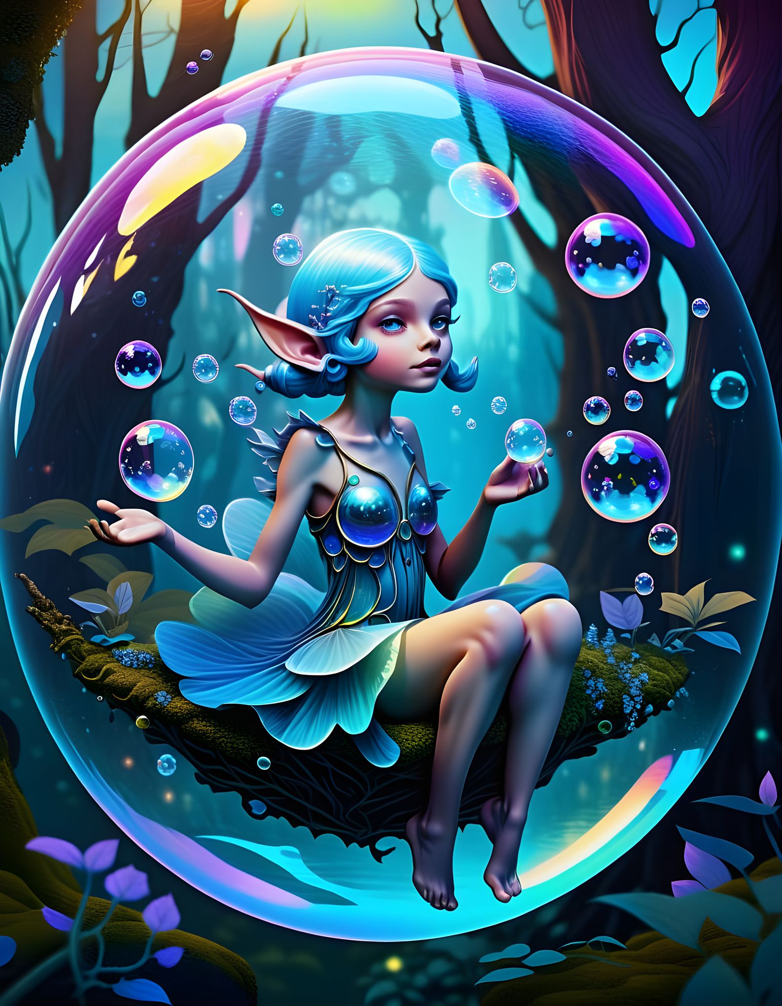 Blue Elf Floating in Iridescent Bubble in Enchanted Forest