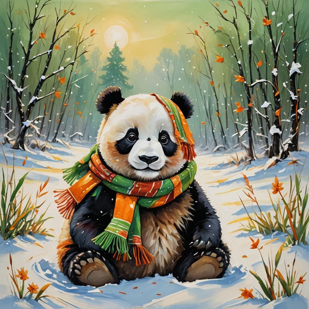 Joyful Panda with Cat in Snowy Field as Impressionist Oil Pa...
