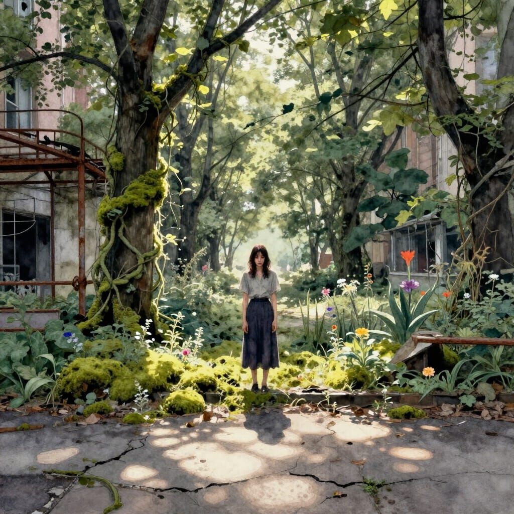 Woman in Overgrown City Park with Ethereal Light