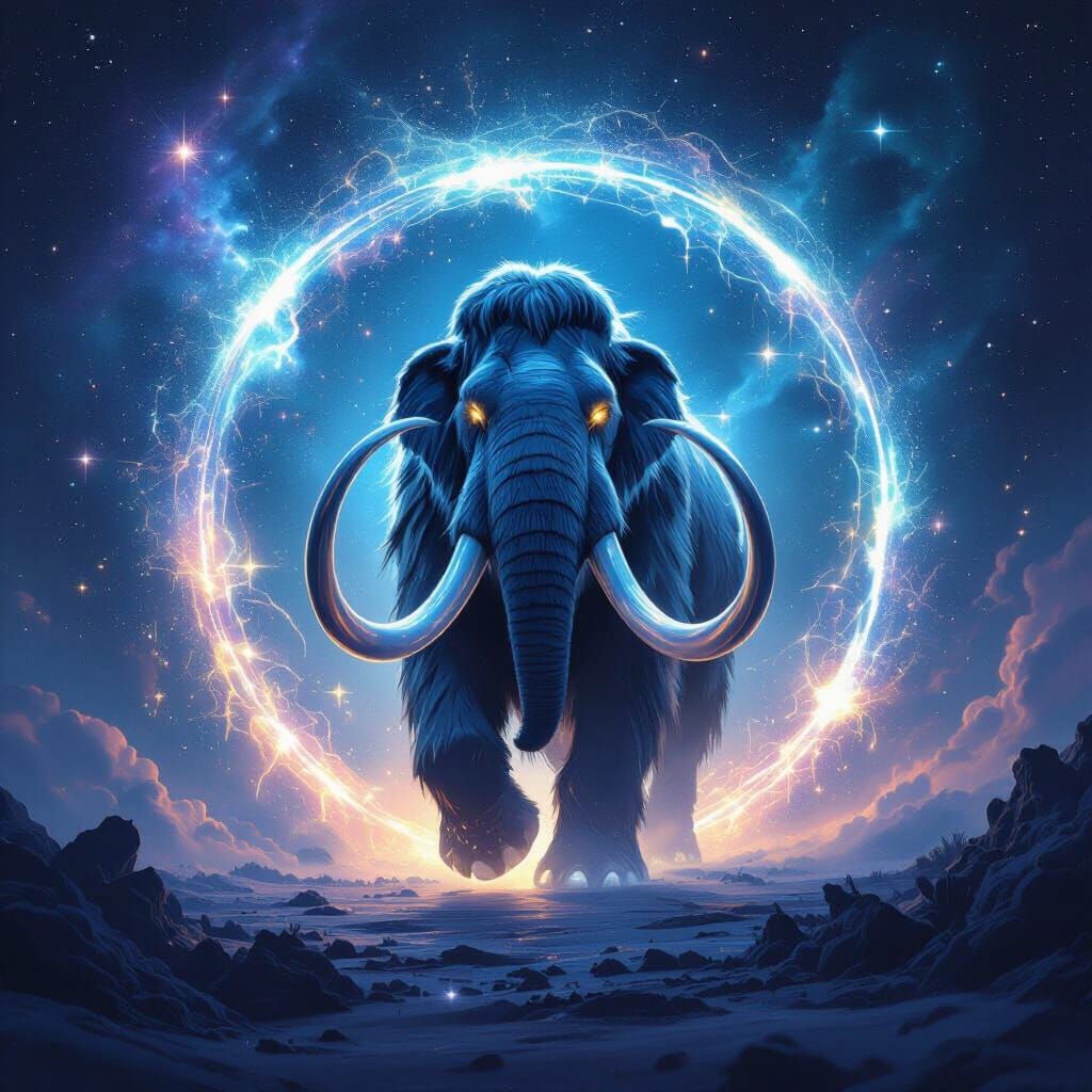 Bioluminescent Mammoth Stepping Through Cosmic Portal
