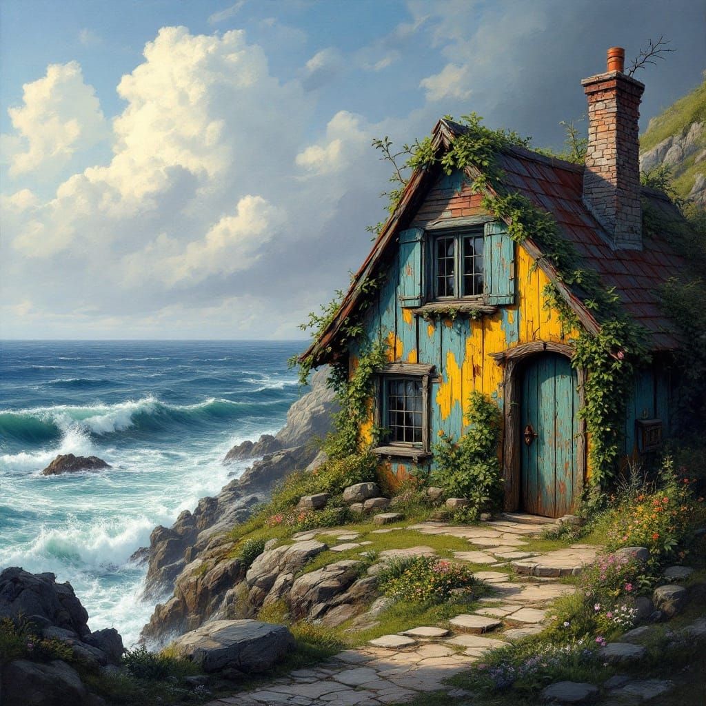 Whimsical Cliffside Cottage in a Turbulent Ocean Landscape