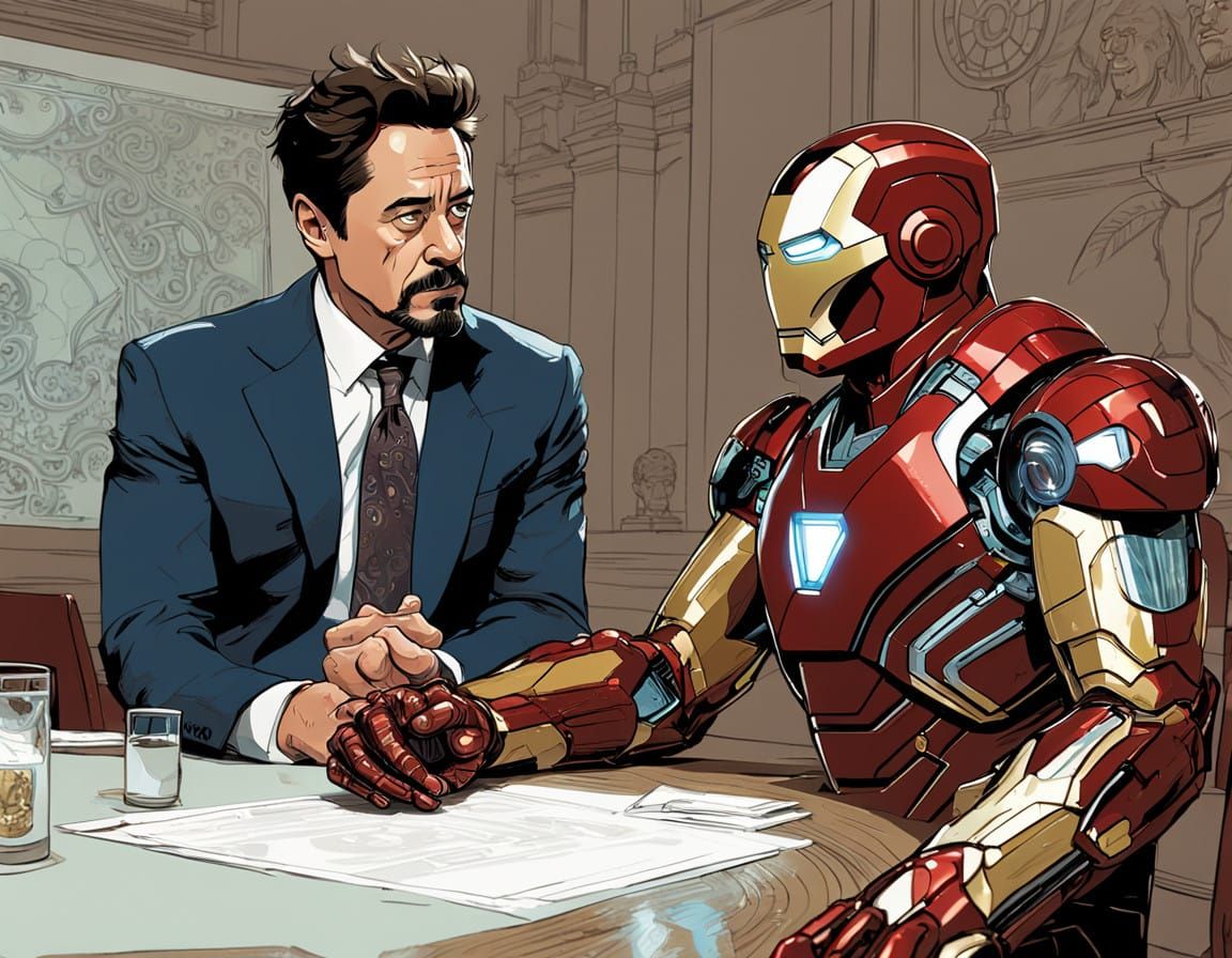 Tony Stark in Iron Man Suit Confers with Hank Pym