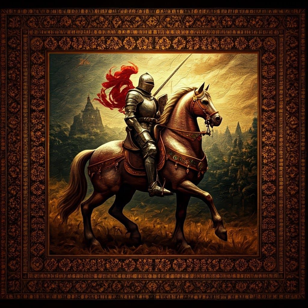 Quilted Knights on Horses in Medieval Tapestry Style