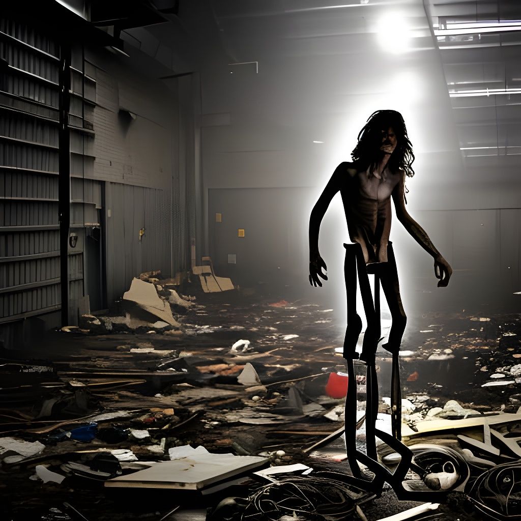 Gritty Photorealistic Man on Stilts in Warehouse
