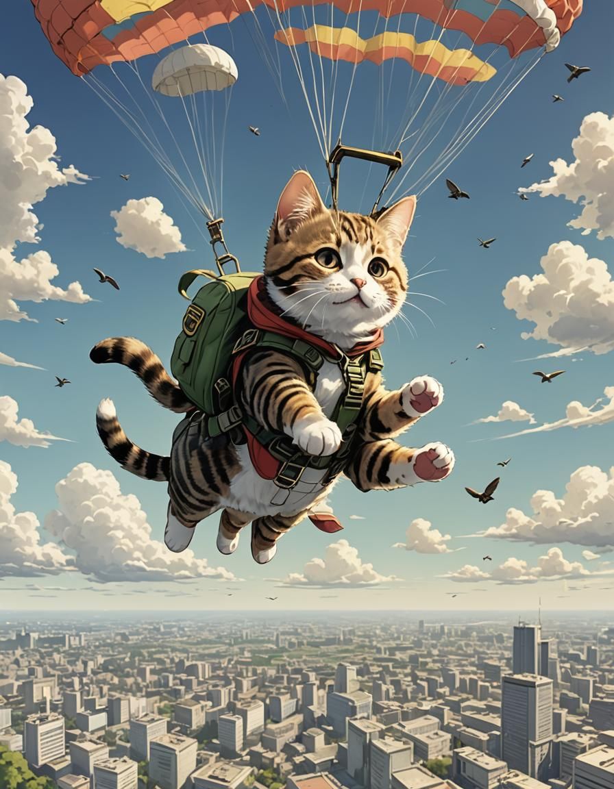 Cat Parachute Jump in Anime Style