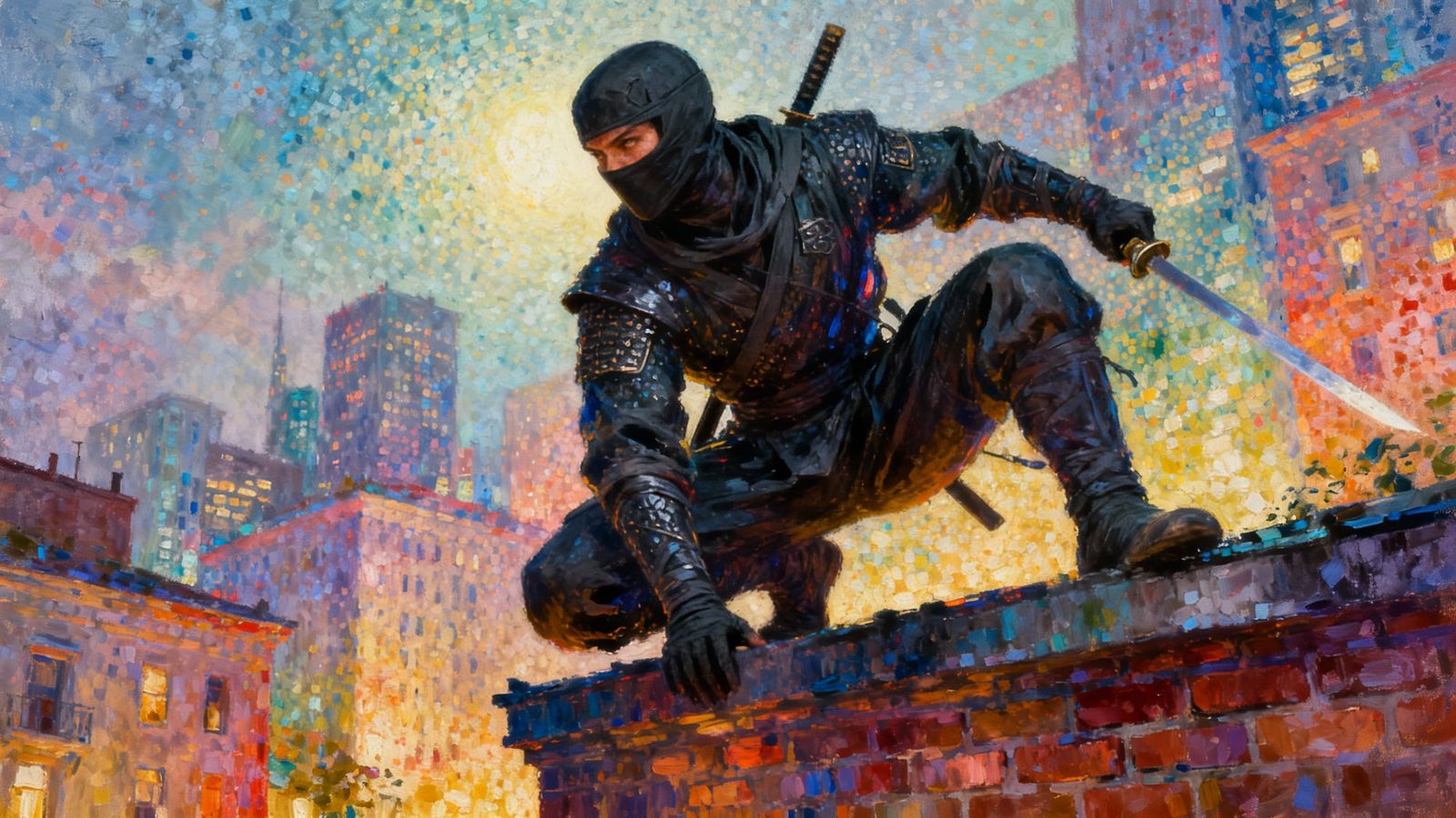 Ninja Assassin on Building Top, Dreamlike Pointillism Style