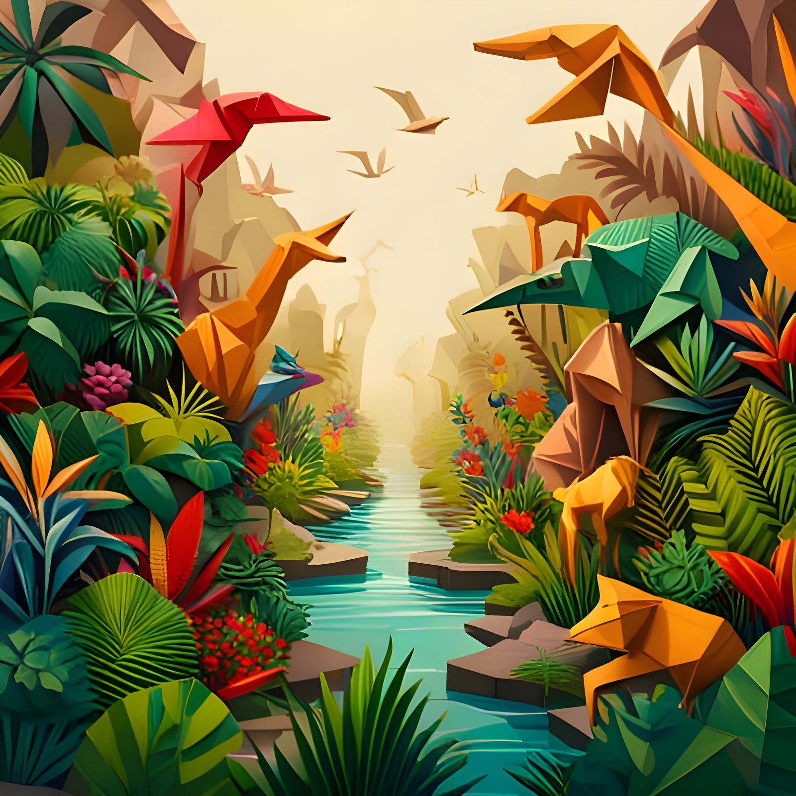 Origami Jungle Animals in Hyperrealistic Splash Art