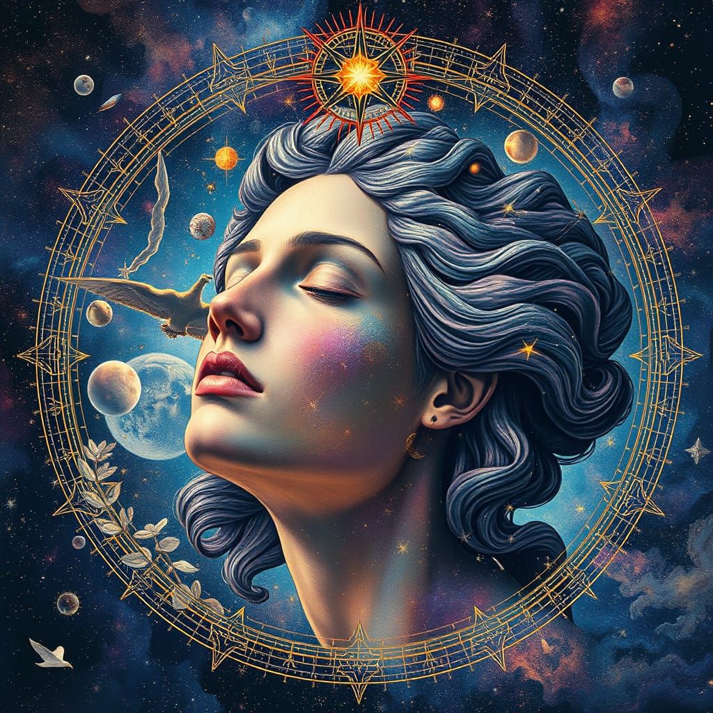 Surreal Cosmic Renaissance Scene in Vibrant Holographic Styl...