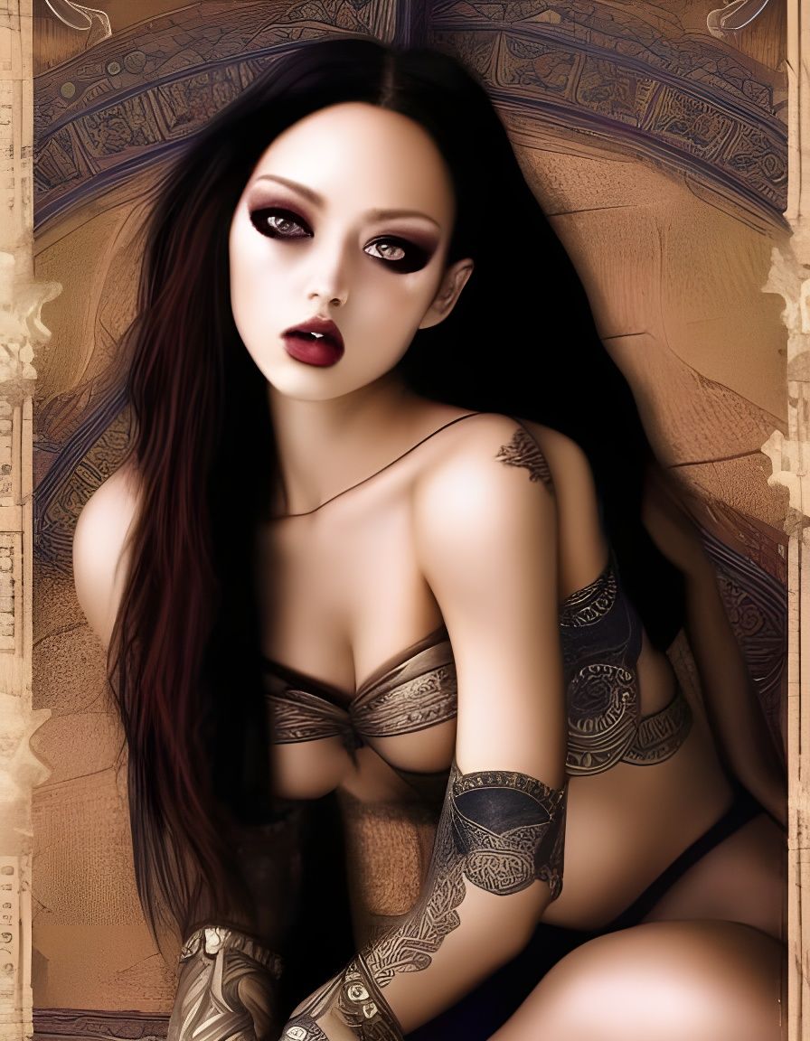 beautiful fabulous female warlock, red hair, patterns on face, dark make up, stunning beauty, hooded, magic, dark fantas...