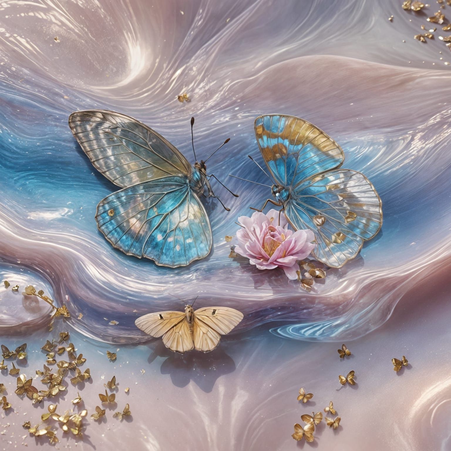 Pearlescent Butterflies and Flowers in CGI Style
