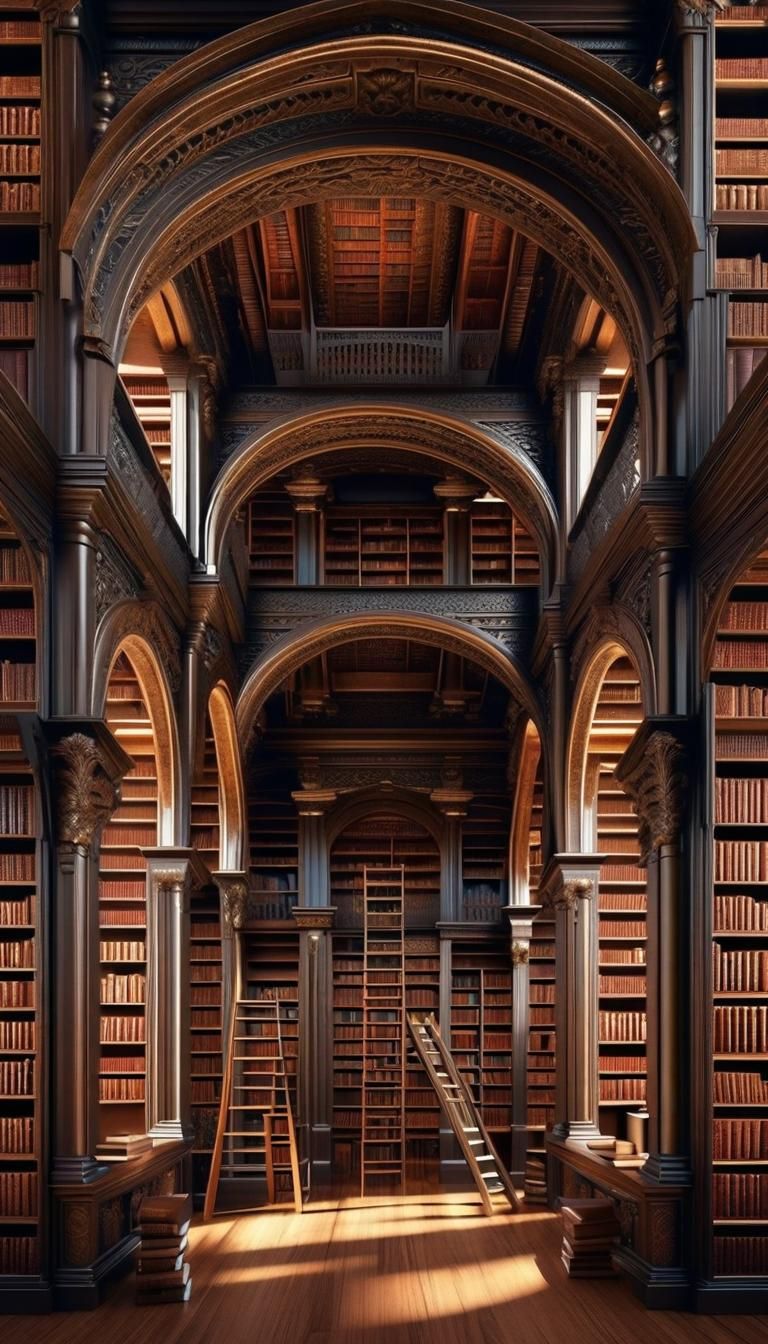 Hyperrealistic Ancient Library with Figures
