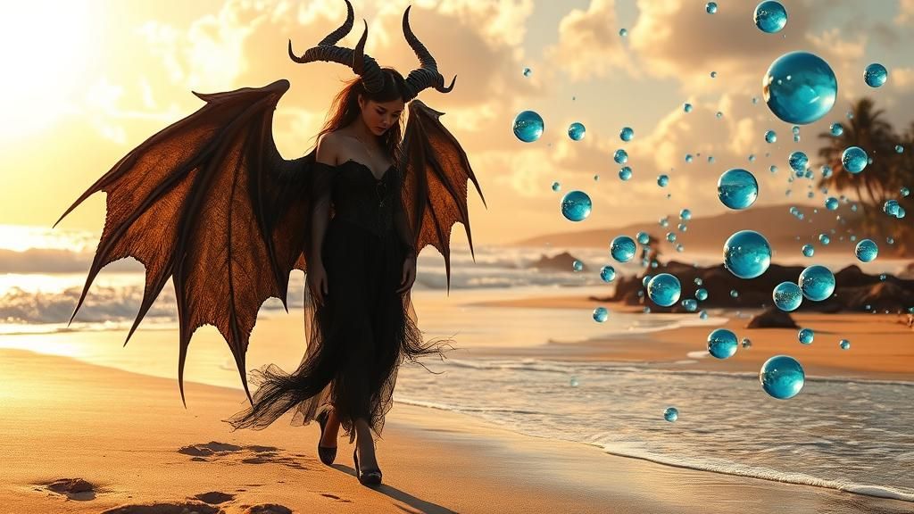 Gothic Demon Walks Hawaiian Beach, Mystical Art