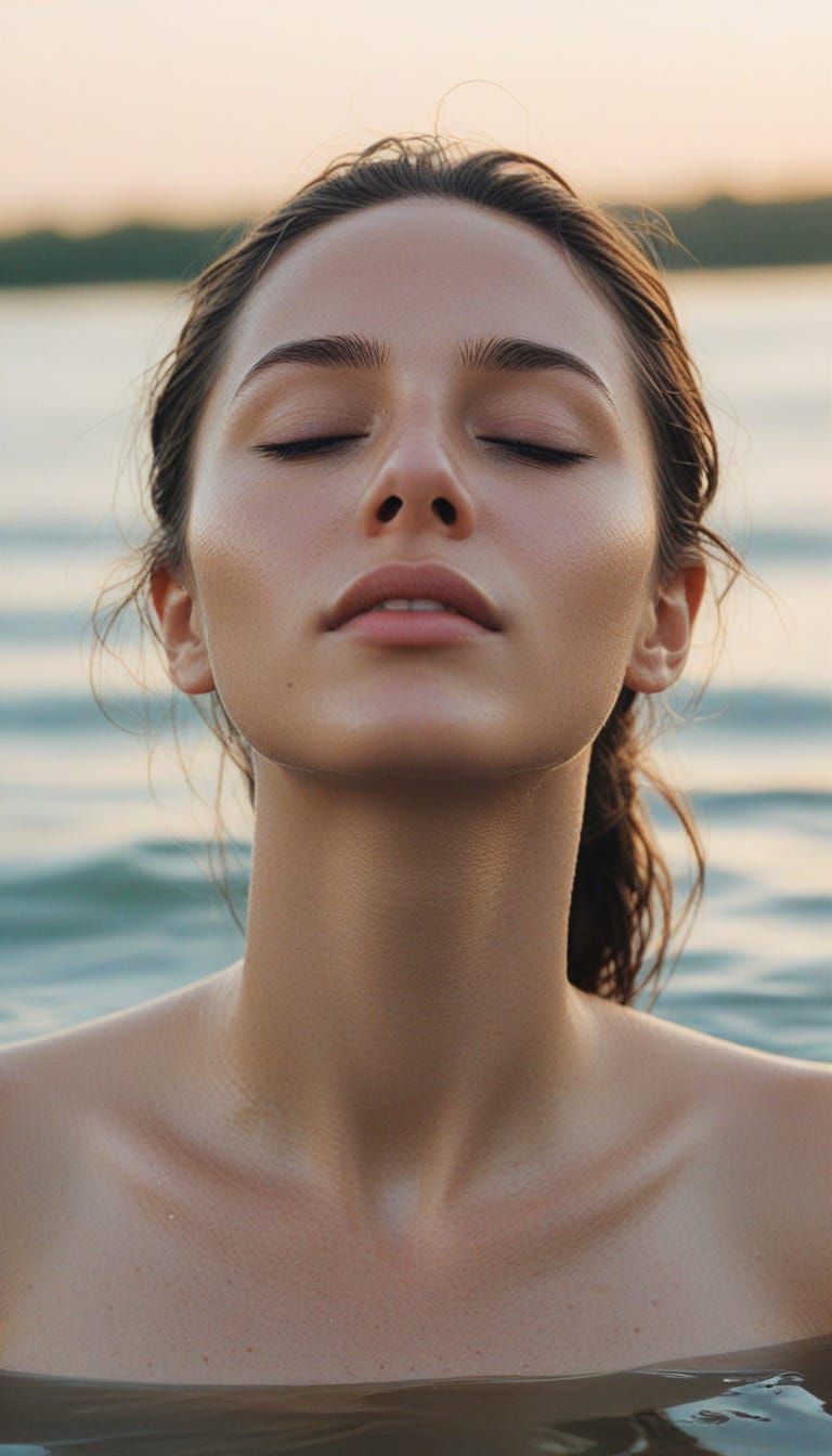 Serene Woman in Water at Twilight: Film Photography