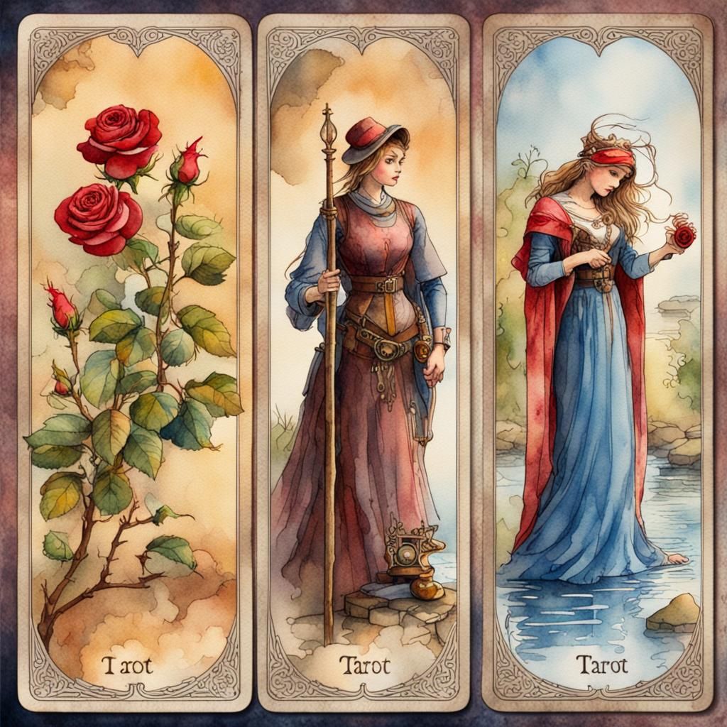 Tarot Card with Roses, Pocket Watch and River
