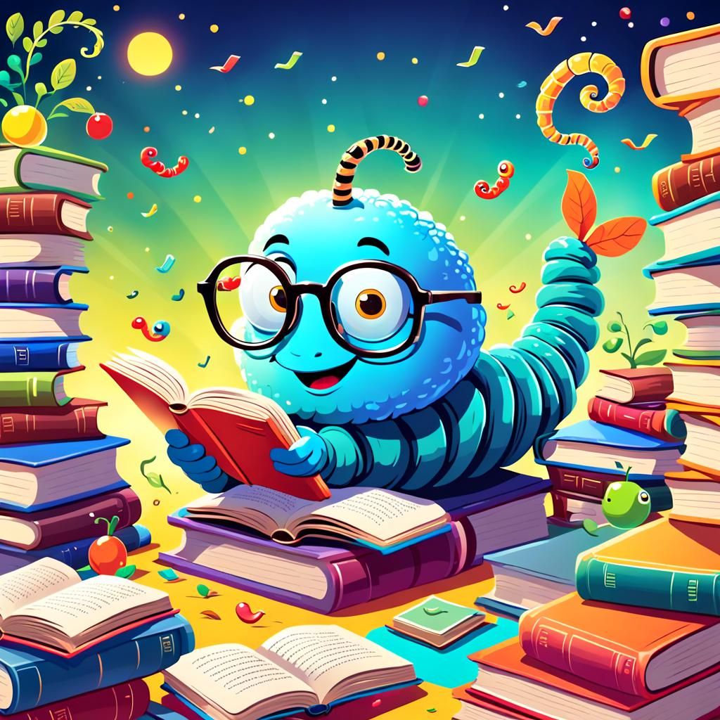 Cartoon Worm Reads Book in Colorful Literature Pile