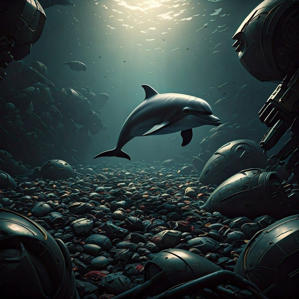 Dolphin Swims Through Garbage in Sci-Fi Setting