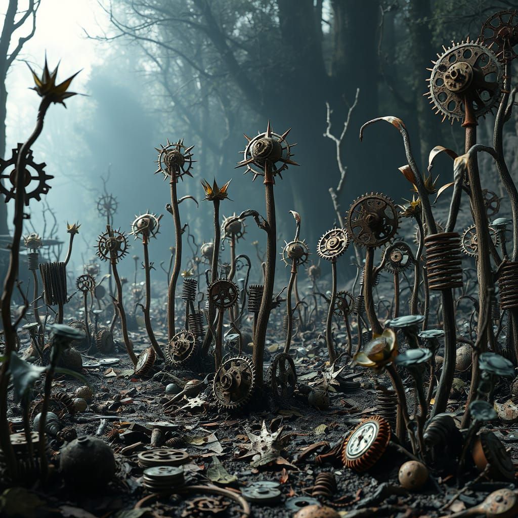 Steampunk Clockwork Garden: A Biomechanical Nightmare