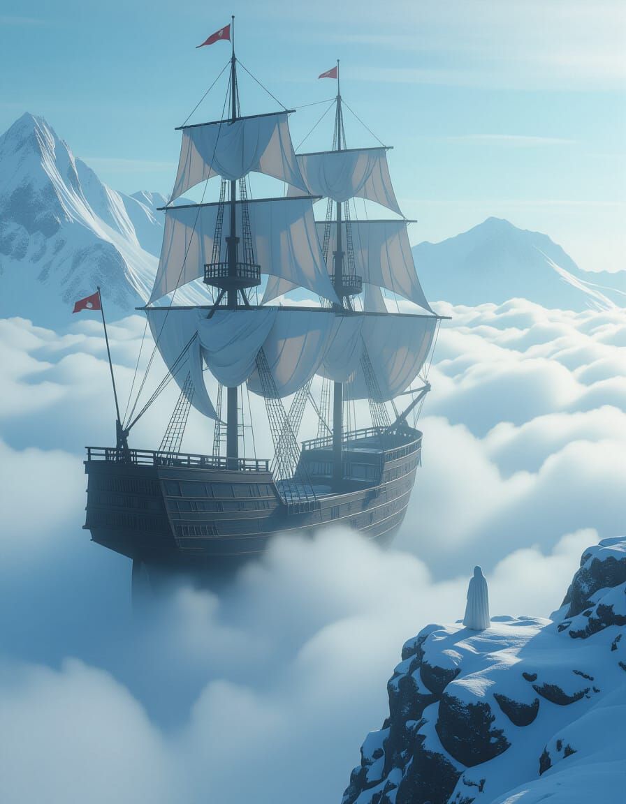 Ghostly Sailing Ship Emerges from Cloud Sea