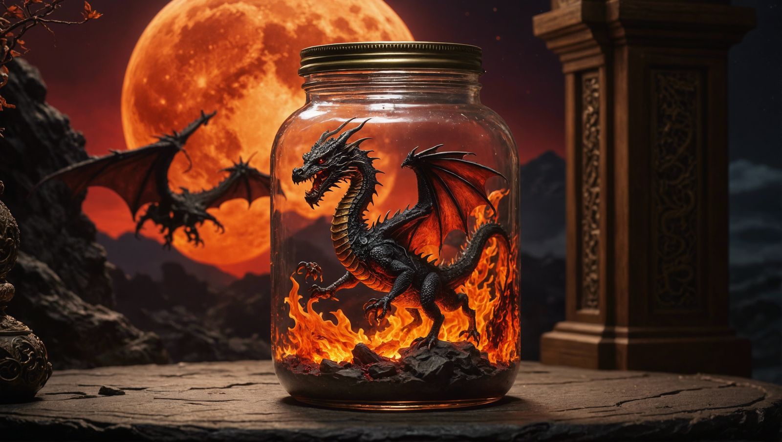 Fiery Dragon Diorama in a Jar with Blood Moon