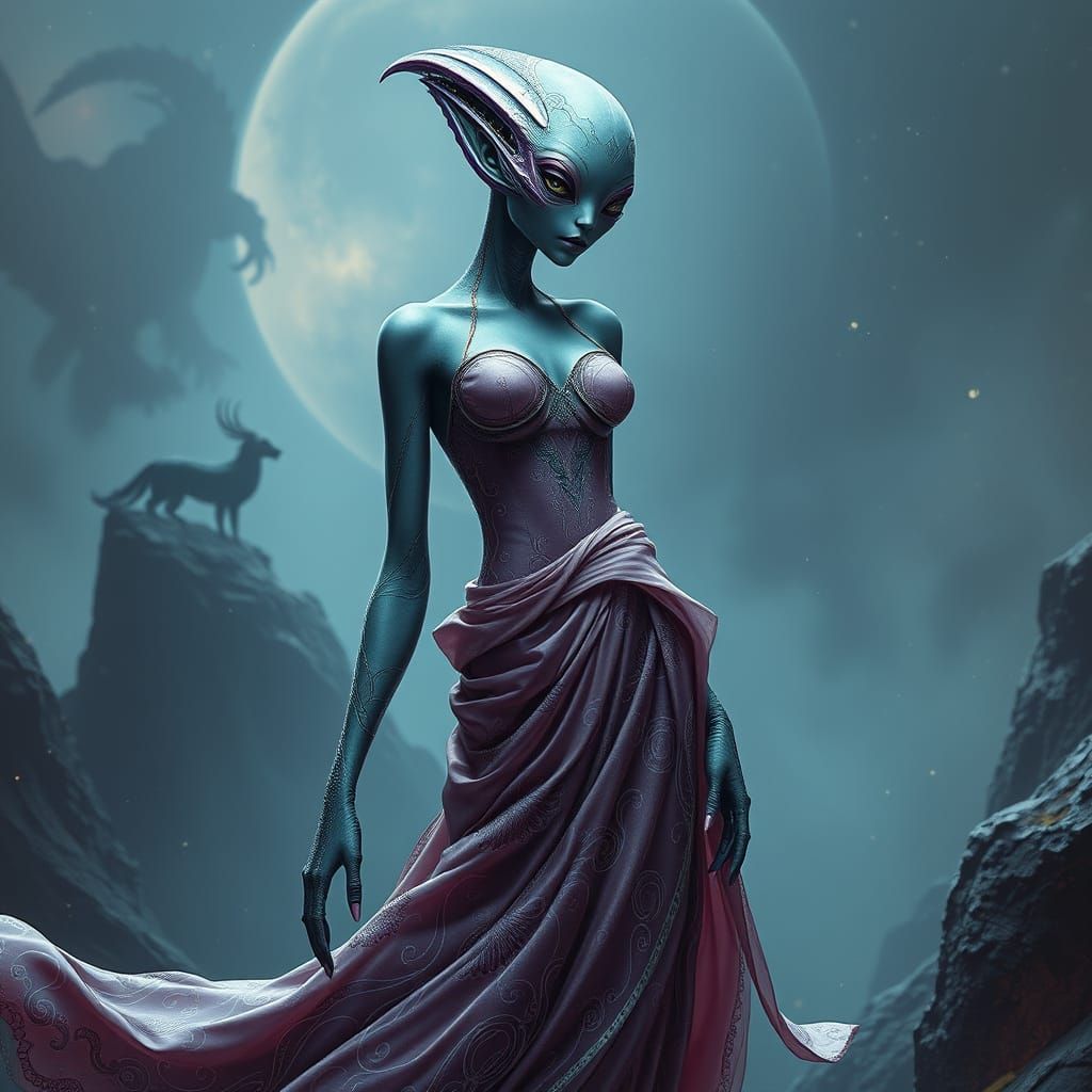 Ethereal Alien Goddess in Stunning Fantasy Gown