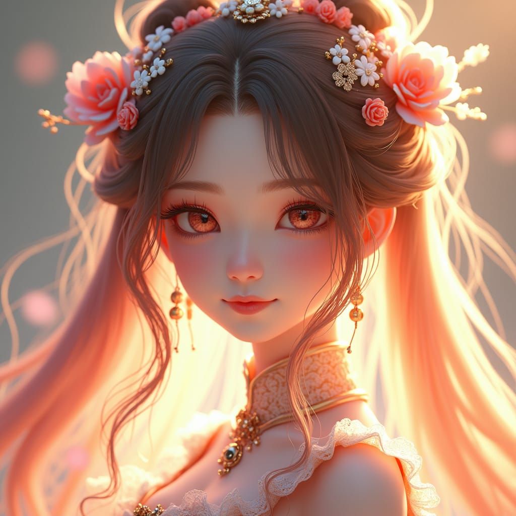 Anime Style Woman with Flowing Attire in 3D