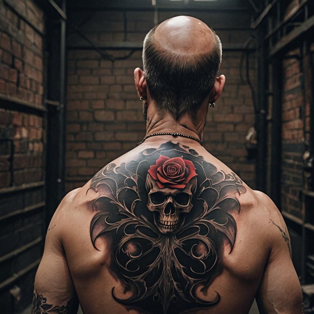 Rose Skull Tattoo in Dark Warehouse