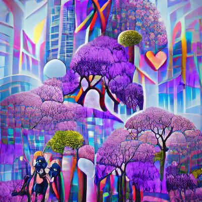 Purple Trees in City: Anime Art Deco Style