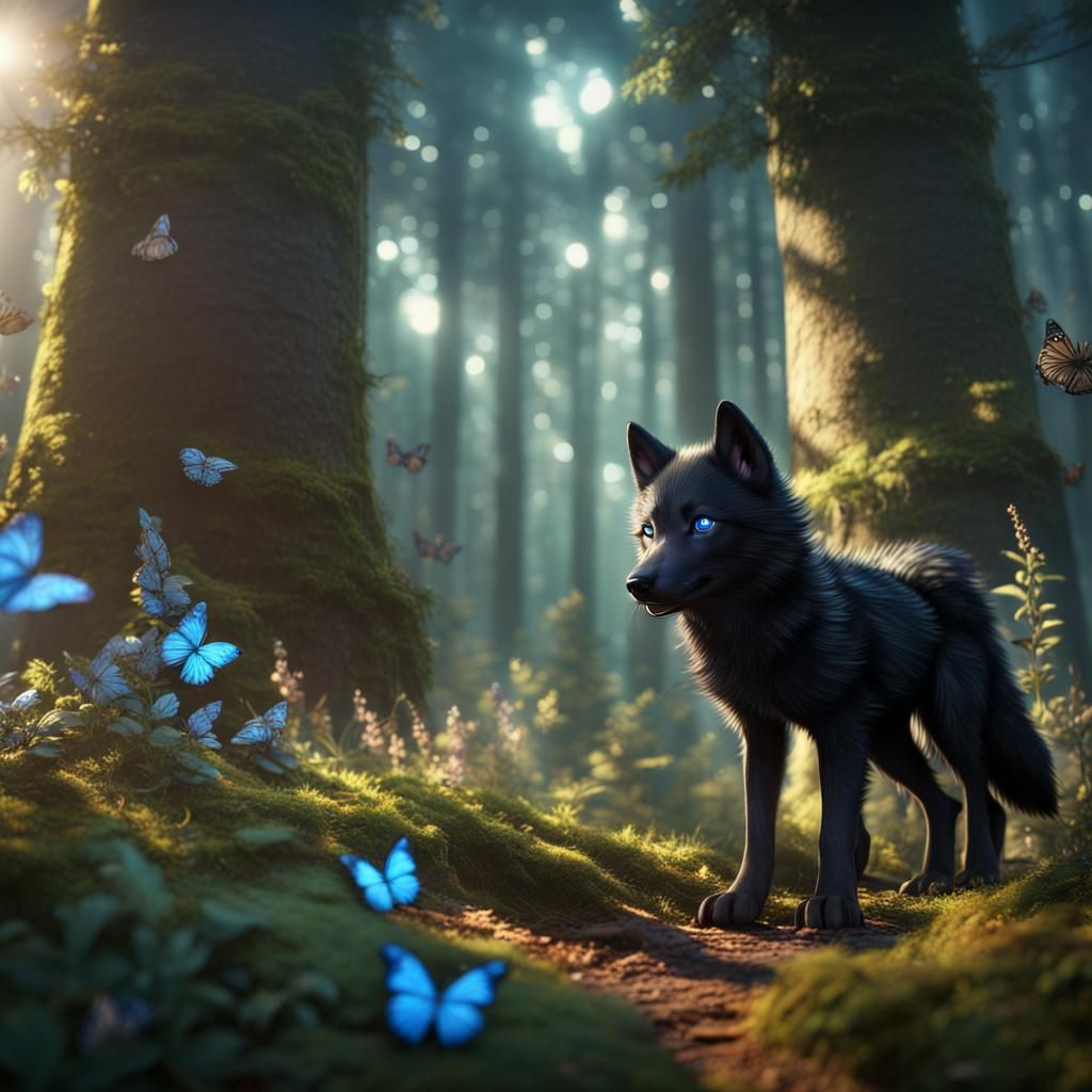 Cute Black Wolf Pup in Sunlit Forest
