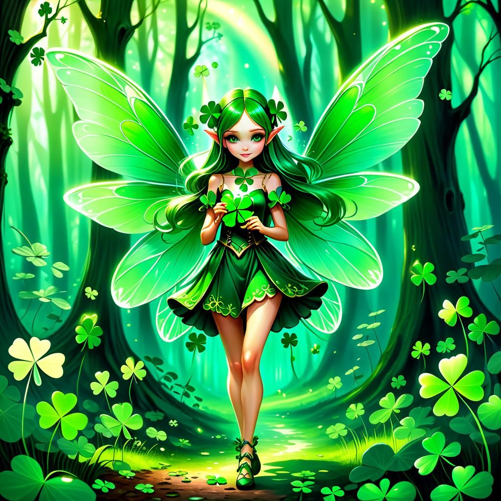 Irish Fairy with Four-Leaf Clover in Enchanted Forest