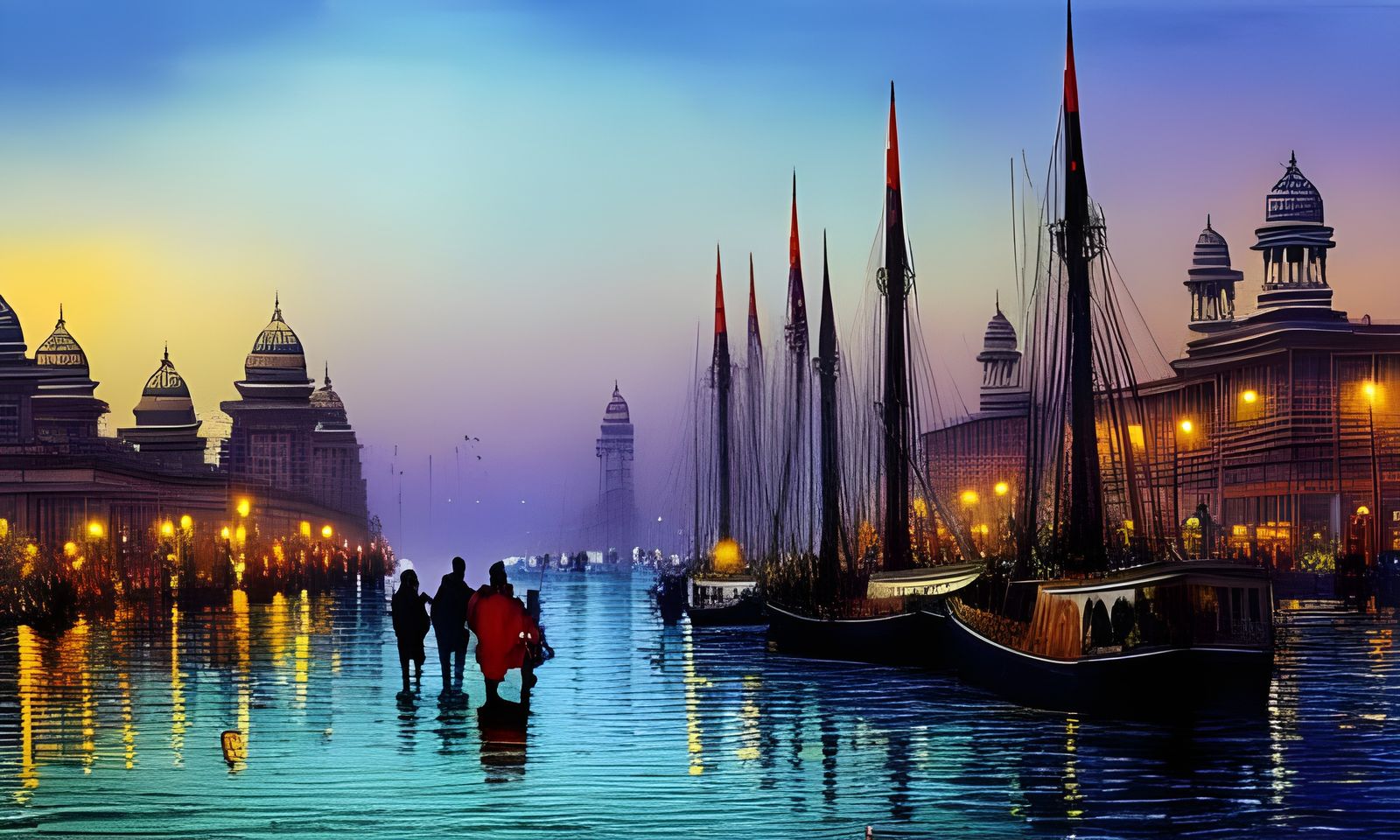 Flooded New Delhi: Fishing Boats in Hyperdetailed Aquarelle