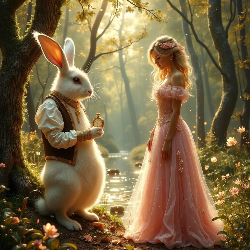 Whimsical Girl in Pink Gown with Majestic White Rabbit in En...