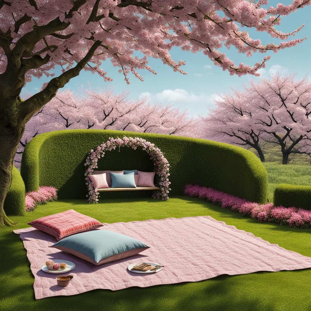 Serene Garden Scene with Cherry Blossom Archway