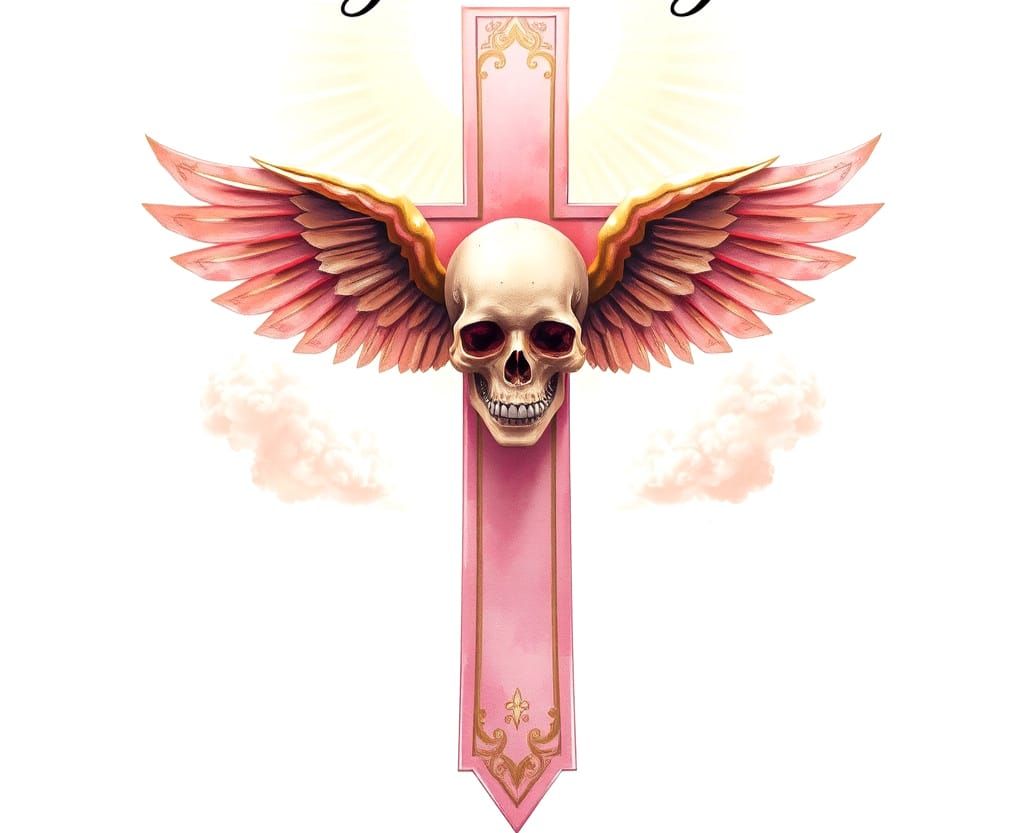 Pink and Gold Skull Cross with Wings