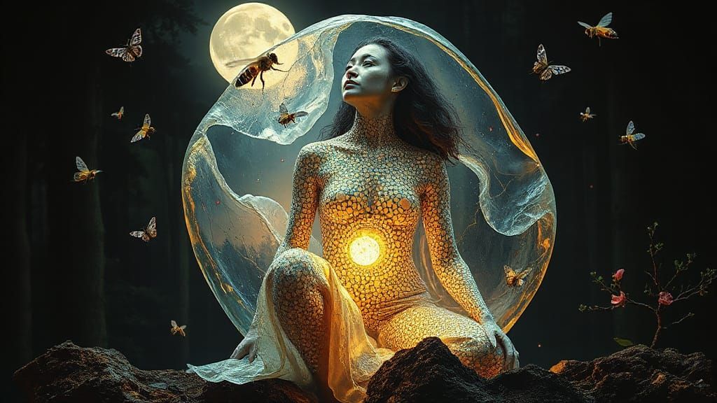 Female Sculptor Inside Abstract Creation, 1970s Surreal Styl...