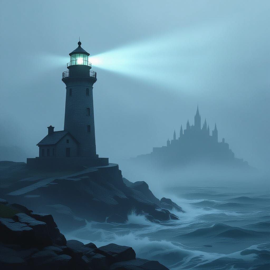 Moody Lighthouse in Fog with Distant City